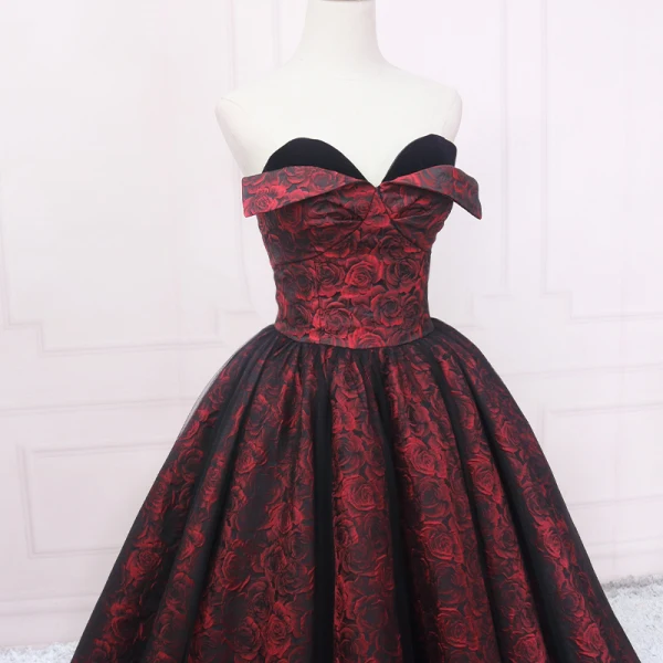 Vintage / Retro Burgundy Printing Prom Dresses 2023 Ball Gown Satin Strapless Sleeveless Backless Floor-Length / Long Prom Formal Dresses