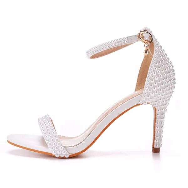 Sexy Beige Pearl Wedding Shoes 2023 Ankle Strap 8 cm Stiletto Heels Open / Peep Toe Wedding Sandals High Heels