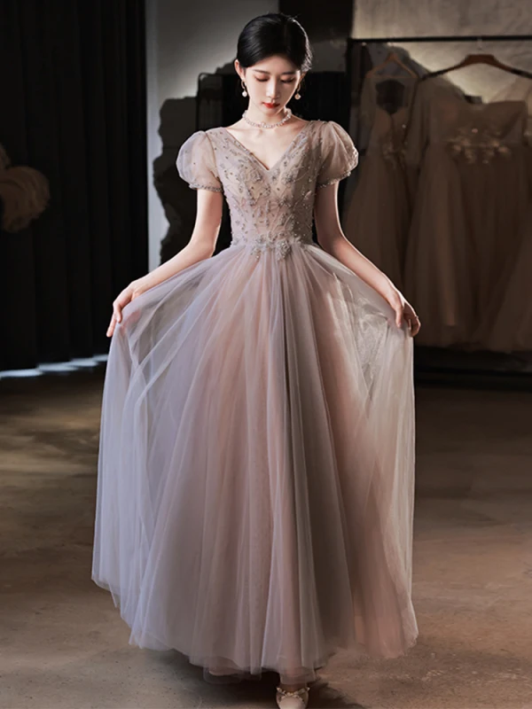 Chic / Beautiful Dusky Pink Prom Dresses 2022 A-Line / Princess V-Neck Beading Short Sleeve Backless Floor-Length / Long Prom Formal Dresses