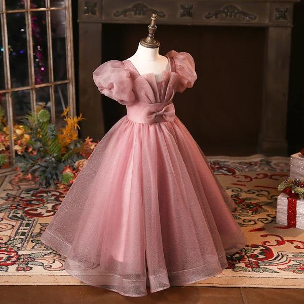Chic / Belle Rougissant Rose Anniversaire Robe Ceremonie Fille 2024 Robe Boule Encolure Carrée Gonflée Manches Courtes Dos Nu Longue
