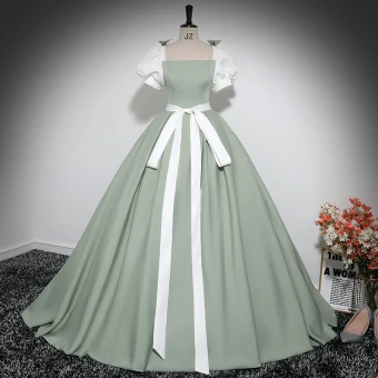 Fashion Sage Green Prom Dresses 2024 Ball Gown Square Neckline Puffy Short Sleeve Backless Bow Sash Floor Length Long Prom Formal Dresses