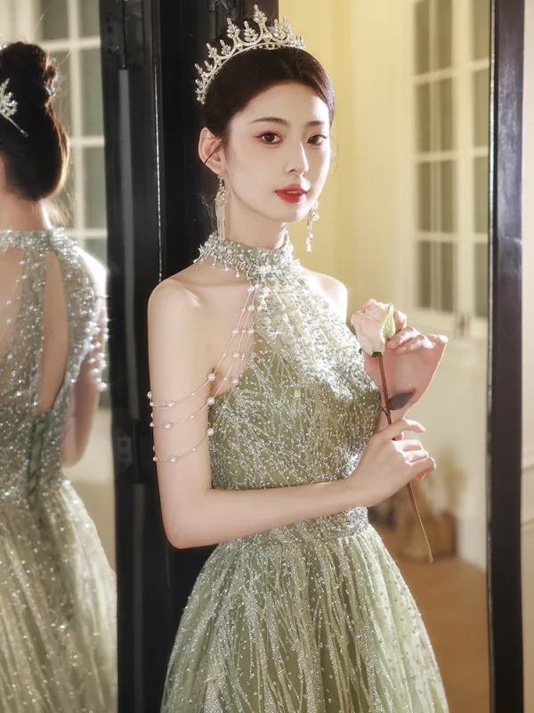 Charming Sage Green Beading Pearl Sequins Prom Dresses 2024 A-Line / Princess Halter Sleeveless Backless Floor-Length / Long Prom Formal Dresses