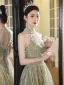 Charming Sage Green Beading Pearl Sequins Prom Dresses 2024 A-Line / Princess Halter Sleeveless Backless Floor-Length / Long Prom Formal Dresses