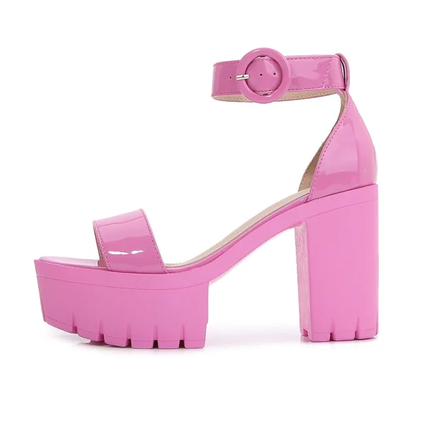 Fashion White Summer Evening Party Patent Leather Womens Sandals 2022 Ankle Strap 10 cm Thick Heels Open / Peep Toe Sandals High Heels