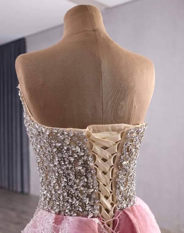 Haut de Gamme Rougissant Rose Fait main Faux Diamant Fendue devant Robe De Bal 2025 Trompette / Sirène Bustier Sans Manches Dos Nu Tribunal Train Robe De Ceremonie
