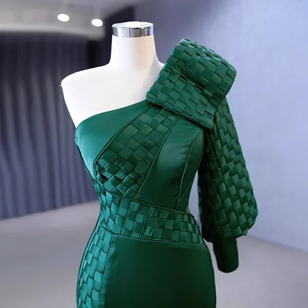 Vintage / Originale Haut de Gamme Vert Foncé Robe De Soirée 2023 Trompette / Sirène Une épaule Manches Longues Dos Nu Fermeture Éclair Sur Le Côté Train De Balayage Soirée Robe De Ceremonie
