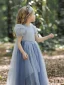 Chic / Beautiful Sky Blue Sequins Birthday Flower Girl Dresses 2023 A-Line / Princess High Neck Floor-Length / Long Tulle Flower Girl Dresses