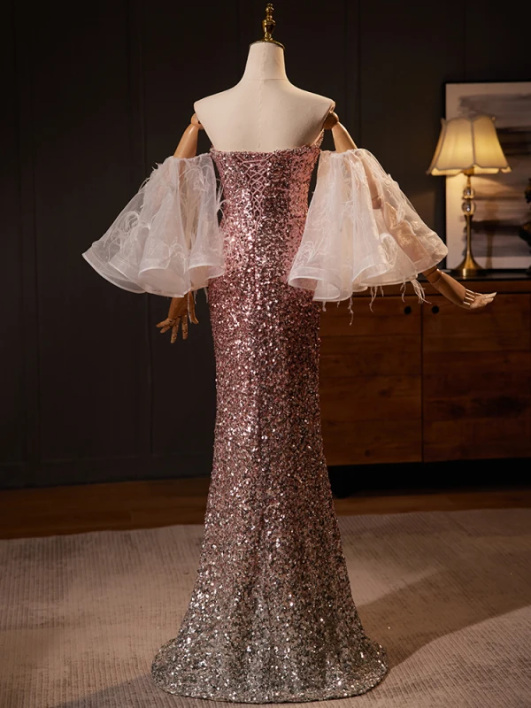 Scintillantes Sexy Champagne Paillettes Fendue devant Robe De Soirée 2024 Trompette / Sirène Bustier Sans Manches Dos Nu Longue Soirée Robe De Ceremonie
