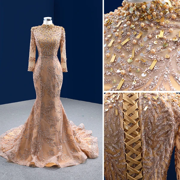 Sparkly Champagne Beading Pearl Sequins Evening Dresses 2022 Trumpet / Mermaid High Neck Long Sleeve Court Train Evening Party Formal Dresses