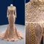 Sparkly Champagne Beading Pearl Sequins Evening Dresses 2022 Trumpet / Mermaid High Neck Long Sleeve Court Train Evening Party Formal Dresses