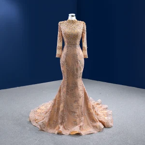 Scintillantes Champagne Perlage Perle Paillettes Robe De Soirée 2022 Trompette Sirène Col Haut Manches Longues Tribunal Train Soirée Robe De Ceremonie