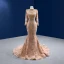 Sparkly Champagne Beading Pearl Sequins Evening Dresses 2022 Trumpet / Mermaid High Neck Long Sleeve Court Train Evening Party Formal Dresses