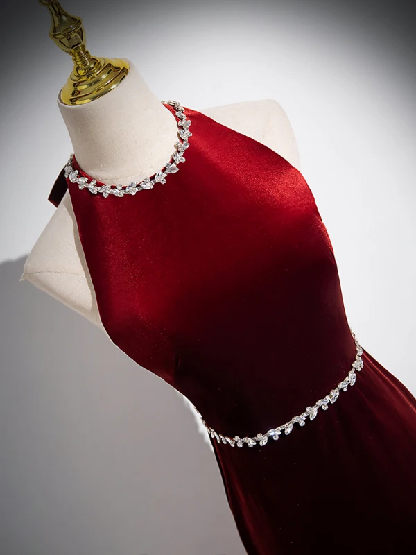 Charming Burgundy Rhinestone Velvet Evening Dresses 2024 Trumpet / Mermaid Halter Sleeveless Backless Bow Floor-Length / Long Evening Party Formal Dresses