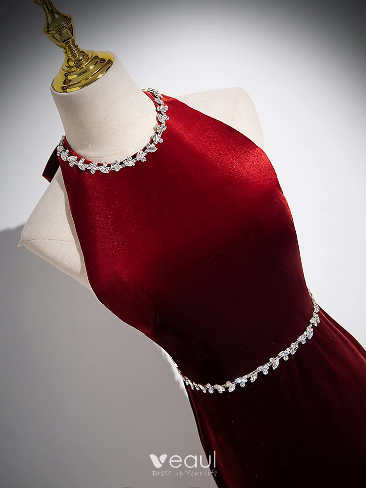 Charming Burgundy Rhinestone Velvet Evening Dresses 2024 Trumpet ...