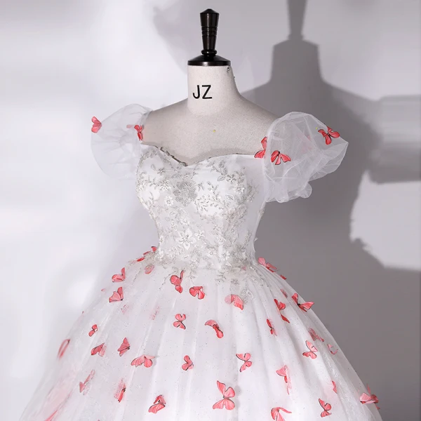 Chic / Beautiful White Prom Dresses 2022 Ball Gown Off-The-Shoulder Butterfly Appliques Sequins Lace Flower Short Sleeve Backless Floor-Length / Long Formal Dresses