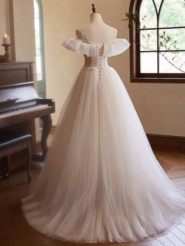 Chic / Beautiful Champagne Beading Pearl Lace Flower Prom Dresses 2024 A-Line / Princess Spaghetti Straps Sleeveless Backless Floor-Length / Long Prom Formal Dresses