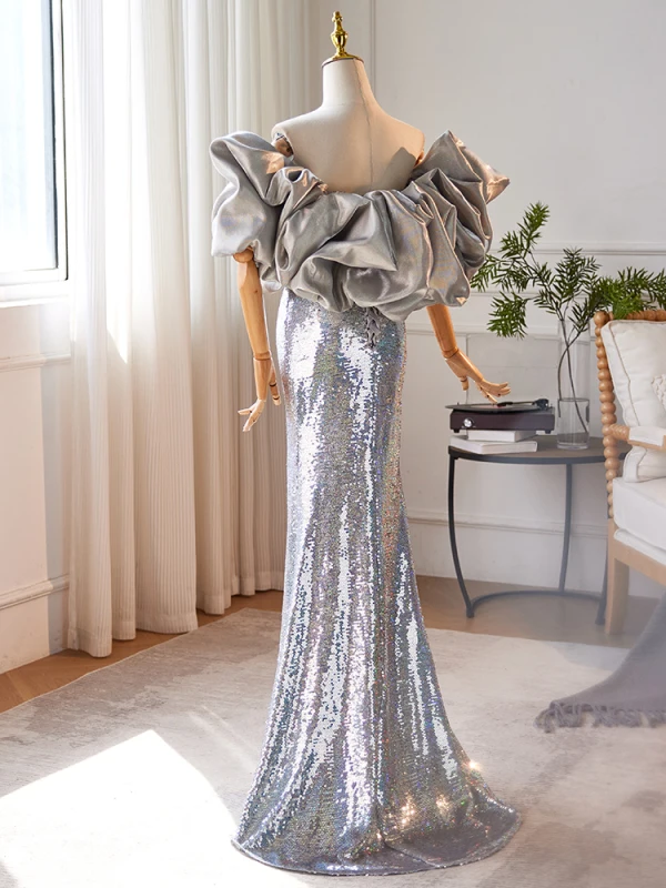 Sparkly Silver Sequins Prom Dresses 2024 Trumpet / Mermaid Strapless Short Sleeve Backless Floor-Length / Long Prom Formal Dresses