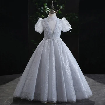 Chic Beautiful Grey Glitter Pearl Sequins Flower Girl Dresses 2022 Ball Gown High Neck Puffy Short Sleeve Floor Length Long Prom Flower Girl Dresses