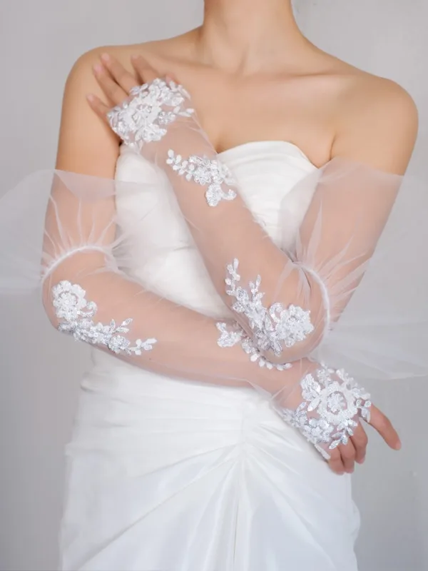 Elegant Hvit Håndlaget Beading Blonder Blomst Paljetter Bryllup Brudehansker 2025