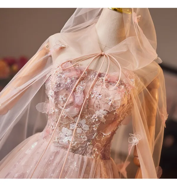 Fabelhaft Rosa Perlenstickerei Perle Pailletten Applikationen Ballkleider 2025 Ballkleid Bandeau Mantel Ärmellos Rückenfreies Lange Tülle Ball