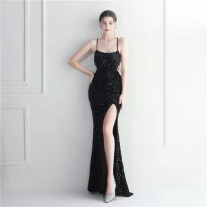 Sexy Black Sequins Split Front Evening Dresses 2024 Trumpet Mermaid Spaghetti Straps Sleeveless Backless Floor Length Long Evening Party Formal Dresses