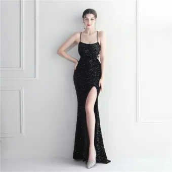 Sexy Noire Paillettes Fendue Devant Robe De Soirée 2024 Trompette Sirène Bretelles Spaghetti Sans Manches Dos Nu Longue Soirée Robe De Ceremonie