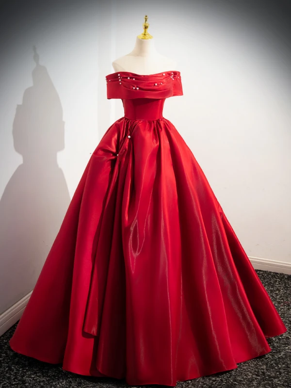 Elegant Red Pearl Ball Gown Wedding Dresses 2025 Off-The-Shoulder Sleeveless Backless Floor-Length / Long Wedding Dresses