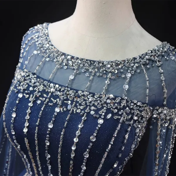 High-end Vintage / Retro Navy Blue Handmade Beading Rhinestone Sequins Prom Dresses 2024 Ball Gown Scoop Neck Sleeveless Backless Floor-Length / Long Formal Dresses