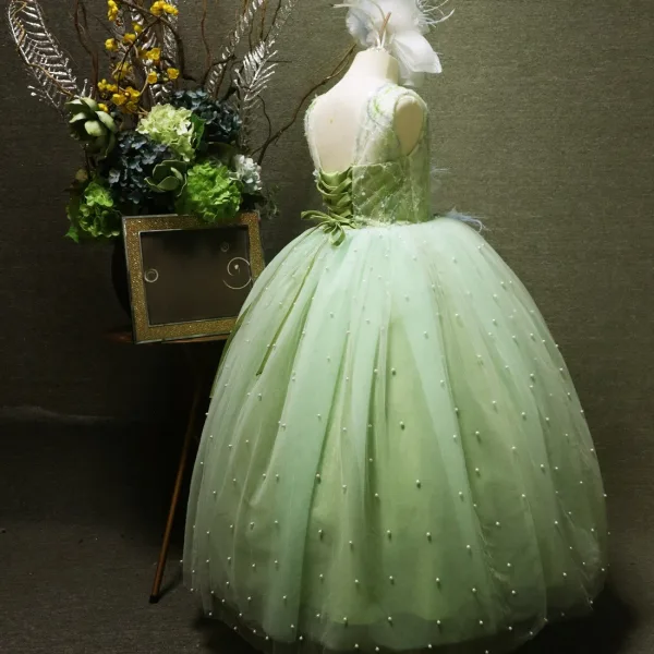 Elegant Sage Green Beading Pearl Sequins Appliques Birthday Flower Girl Dresses 2025 Ball Gown Scoop Neck Sleeveless Backless Floor-Length / Long
