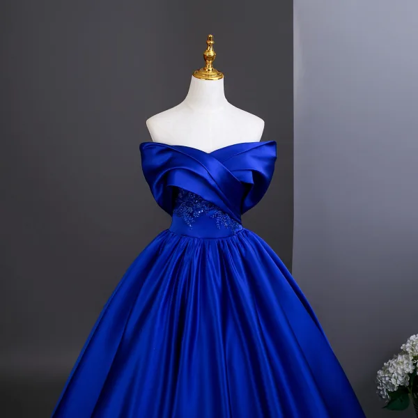Vintage / Retro Royal Blue Beading Lace Flower Prom Dresses 2025 Ball Gown Strapless Sleeveless Backless Floor-Length / Long Formal Dresses