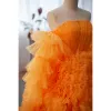 Fashion Orange Pleated Prom Dresses 2023 A-Line / Princess Strapless Sleeveless Backless Sweep Train Prom Formal Dresses