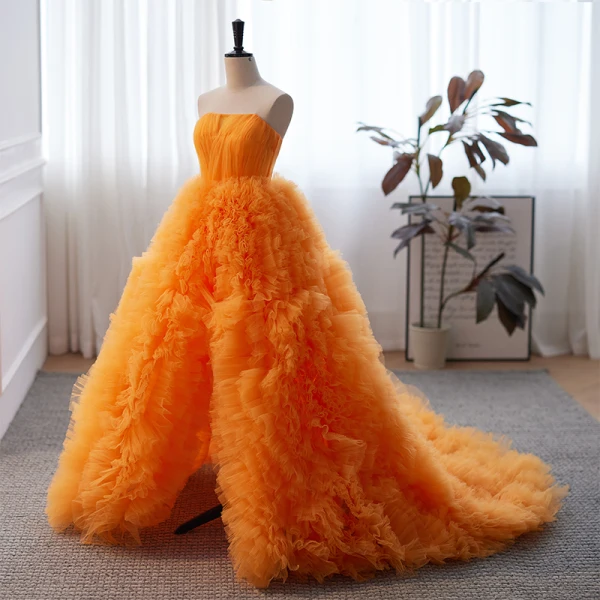 Fashion Orange Pleated Prom Dresses 2023 A-Line / Princess Strapless Sleeveless Backless Sweep Train Prom Formal Dresses