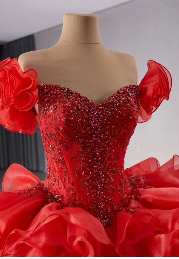High-end Red Beading Pearl Sequins Cascading Ruffles Wedding Dresses 2024 Ball Gown Off-The-Shoulder Short Sleeve Backless Court Train Wedding