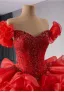 High-end Red Beading Pearl Sequins Cascading Ruffles Wedding Dresses 2024 Ball Gown Off-The-Shoulder Short Sleeve Backless Court Train Wedding