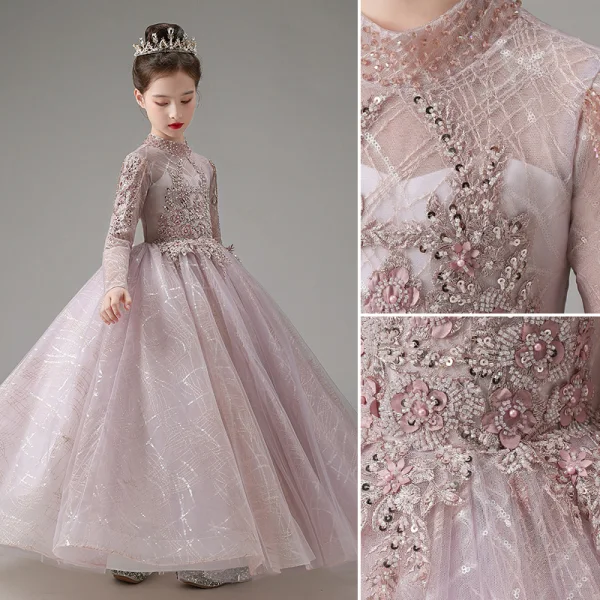 Chic / Beautiful Lavender Beading Lace Flower Sequins Birthday Flower Girl Dresses 2023 A-Line / Princess High Neck Long Sleeve Floor-Length / Long Flower Girl Dresses