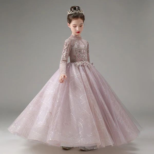 Chic / Beautiful Lavender Beading Lace Flower Sequins Birthday Flower Girl Dresses 2023 A-Line / Princess High Neck Long Sleeve Floor-Length / Long Flower Girl Dresses