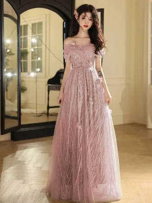 Chic Beautiful Blushing Pink Beading Pearl Appliques Prom Dresses 2024 A Line Princess Off The Shoulder Short Sleeve Backless Floor Length Long Prom Formal Dresses
