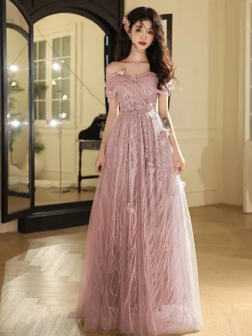 Chic Beautiful Blushing Pink Beading Pearl Appliques Prom Dresses 2024 A Line Princess Off The Shoulder Short Sleeve Backless Floor Length Long Prom Formal Dresses