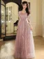 Chic / Beautiful Blushing Pink Beading Pearl Appliques Prom Dresses 2024 A-Line / Princess Off-The-Shoulder Short Sleeve Backless Floor-Length / Long Prom Formal Dresses