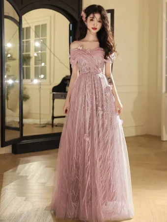 Hermoso Rosa Clara Rebordear Perla Apliques Vestidos De Gala 2024 A Line Princess Fuera Del Hombro Manga Corta Sin Espalda Largos Gala Vestidos Formales