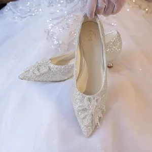 Bling Bling Champagne Beading Sequins Wedding Shoes 2023 Leather 3 Cm Stiletto Heels Low Heel Pointed Toe Wedding Pumps High Heels