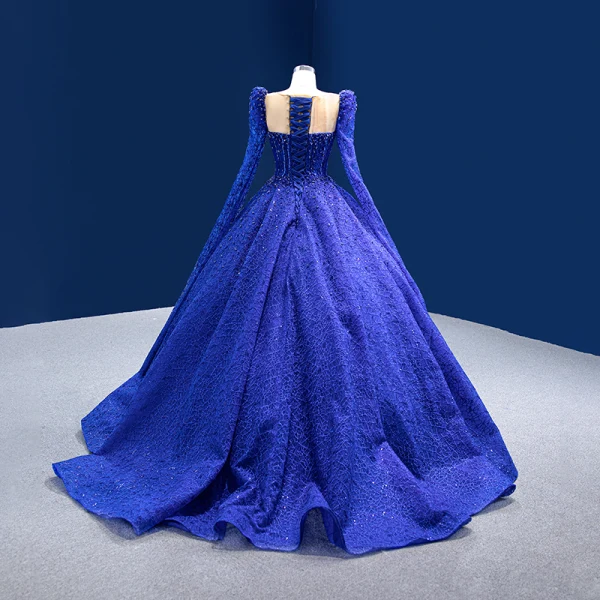 High-end Vintage / Retro Royal Blue Handmade  Beading Sequins Prom Dresses 2022 Ball Gown Scoop Neck Long Sleeve Court Train Prom Formal Dresses