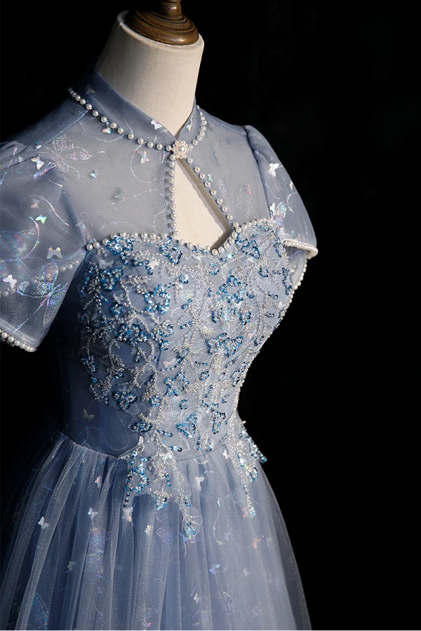 Fashion Sky Blue Beading Pearl Sequins Butterfly Appliques Prom Dresses 2023 A-Line / Princess High Neck Short Sleeve Backless Floor-Length / Long Prom Formal Dresses
