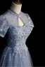 Fashion Sky Blue Beading Pearl Sequins Butterfly Appliques Prom Dresses 2023 A-Line / Princess High Neck Short Sleeve Backless Floor-Length / Long Prom Formal Dresses