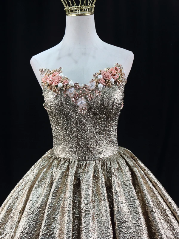 Sparkly Gold Beading Pearl Sequins Appliques Prom Dresses 2024 Ball Gown Strapless Sleeveless Backless Floor-Length / Long Prom Formal Dresses