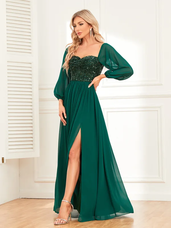 Chic / Beautiful Dark Green Sequins Split Front Evening Dresses 2024 A-Line / Princess Off-The-Shoulder Short Sleeve Backless Floor-Length / Long Evening Party Formal Dresses