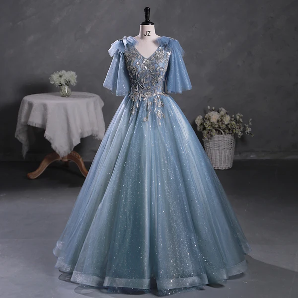 Sparkly Sky Blue Grey Beading Sequins Prom Dresses 2023 Ball Gown V-Neck Short Sleeve Backless Floor-Length / Long Prom Formal Dresses