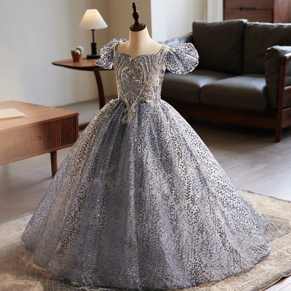 Bling Bling Grey Beading Lace Flower Sequins Birthday Flower Girl Dresses 2024 Ball Gown Scoop Neck Puffy Short Sleeve Backless Floor-Length / Long