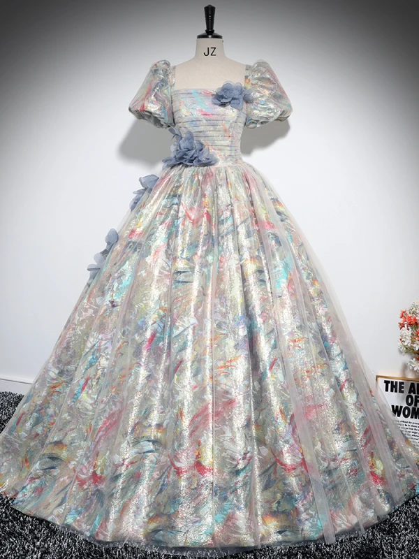 Fashion Multi-Colors Appliques Prom Dresses Ball Gown Square Neckline Short Sleeve Backless Floor-Length / Long Prom Formal Dresses