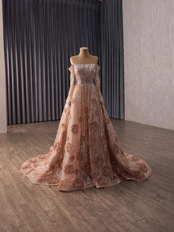 Luxus / Herrlich Glitzernden Rosa Handgefertigt Perlenstickerei Applikationen Pailletten Abendkleider 2026 A Linie Off Shoulder Lange Ärmel Rückenfreies Sweep / Pinsel Zug Abend